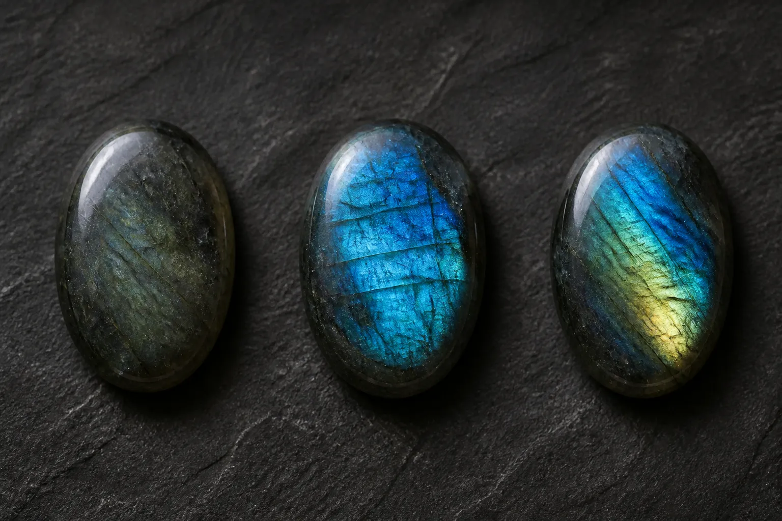Three polished labradorite cabochons showing weak, blue, and blue-green-gold directional flash