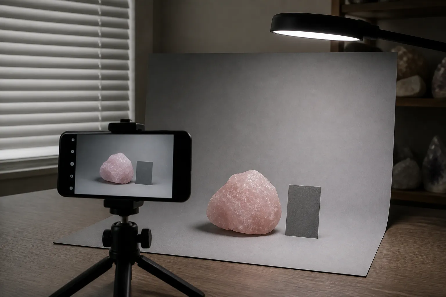 A phone photographing a pale mineral specimen against a neutral background under soft diffused light while window blinds remain closed