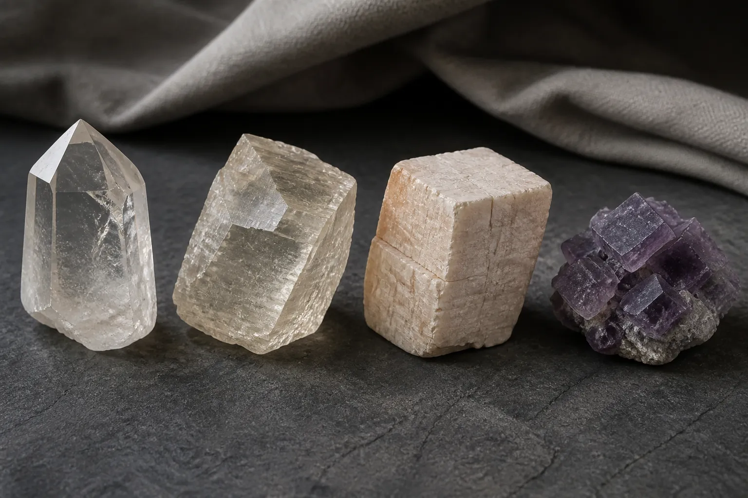 Quartz, calcite, feldspar, and fluorite specimens showing different external forms and breakage patterns