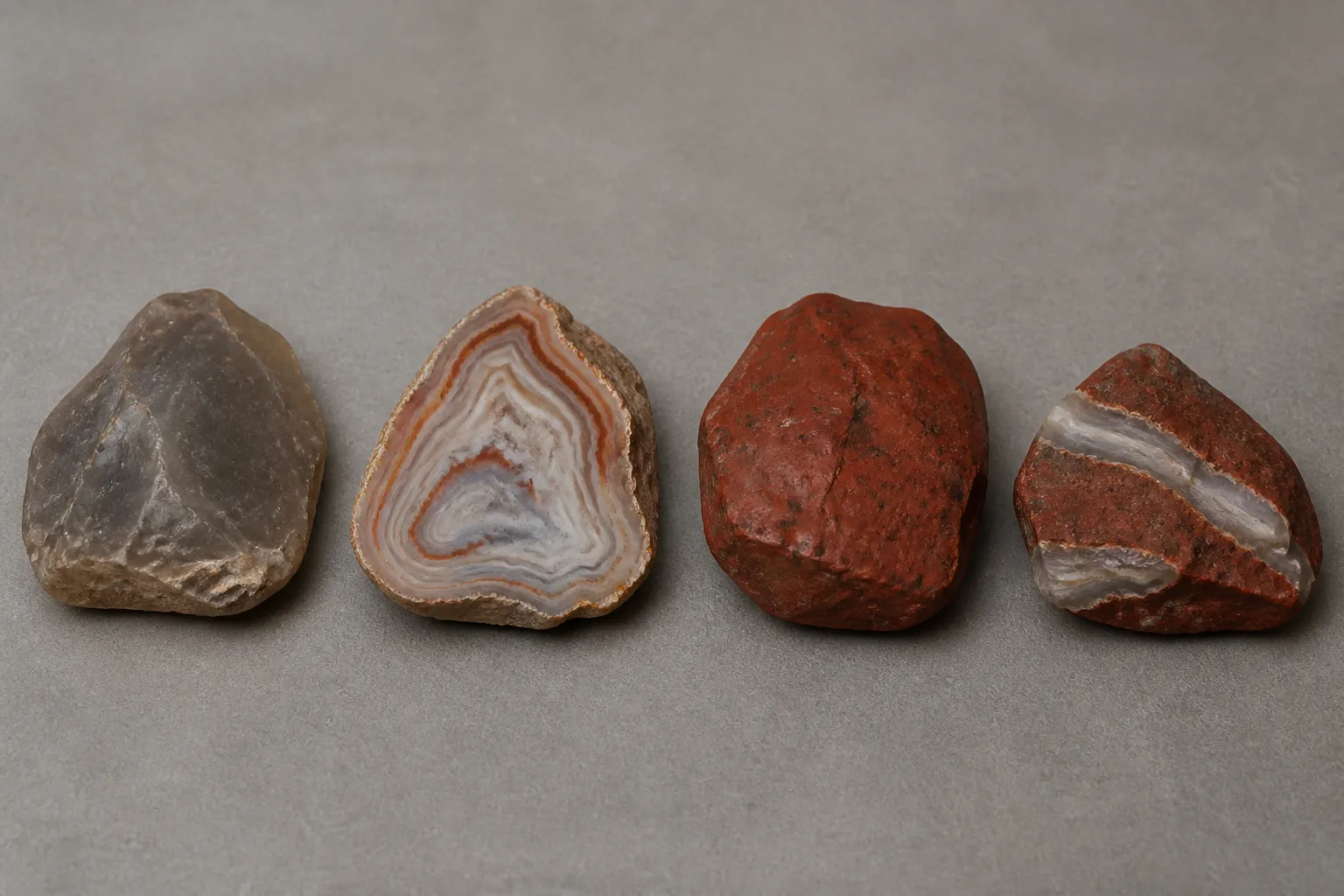 Unbanded chalcedony, banded agate, opaque jasper, and a transitional specimen with both opaque and translucent zones
