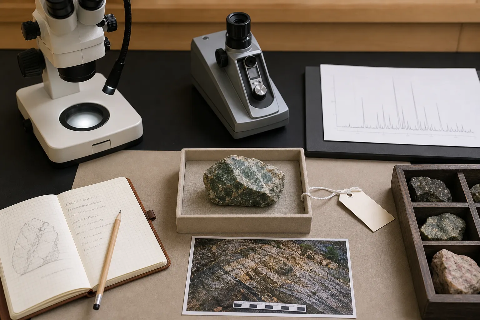 An intact specimen with field documentation, a microscope, an optical instrument, and a diffraction graph