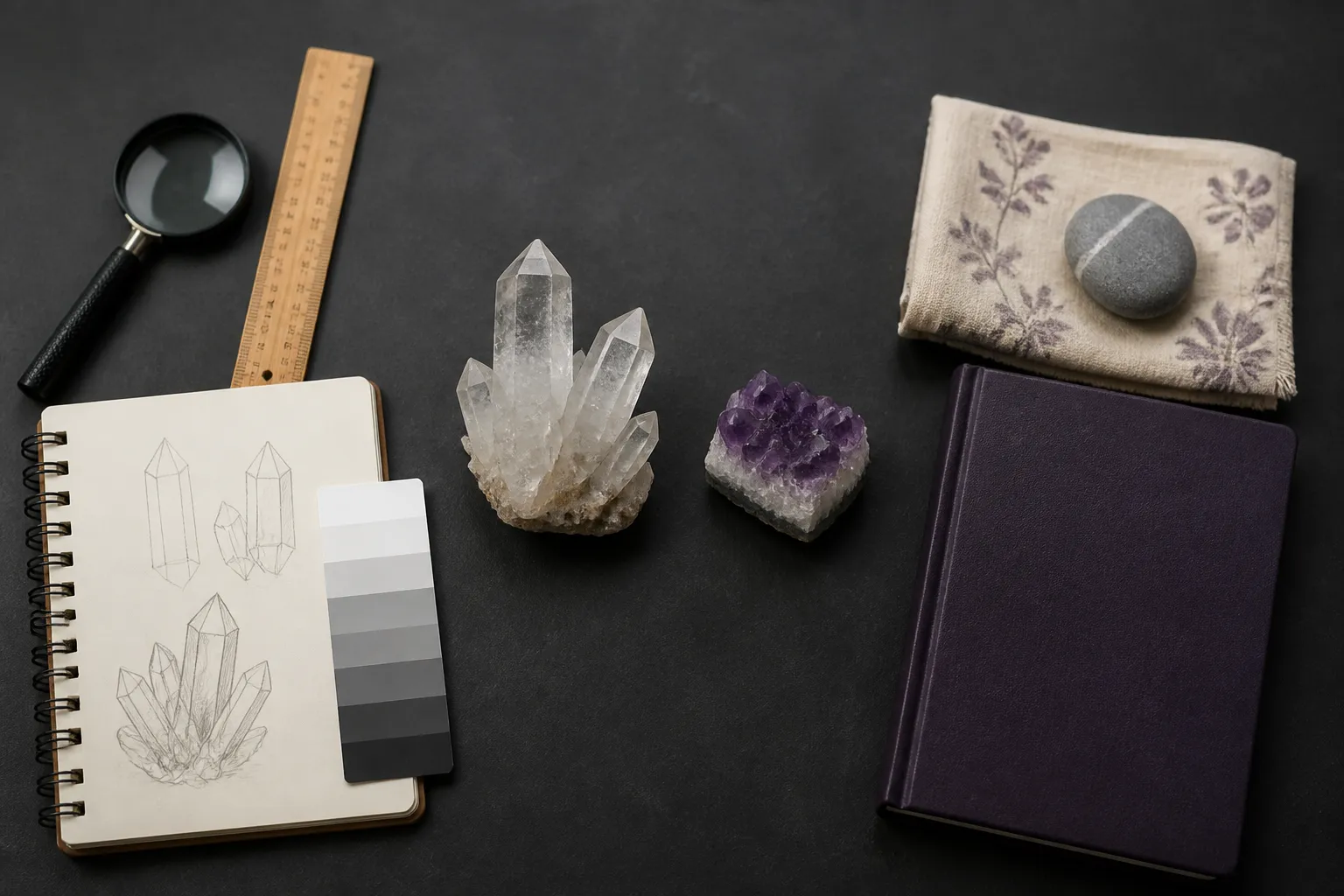 Quartz and amethyst arranged between observation tools and a personal journal