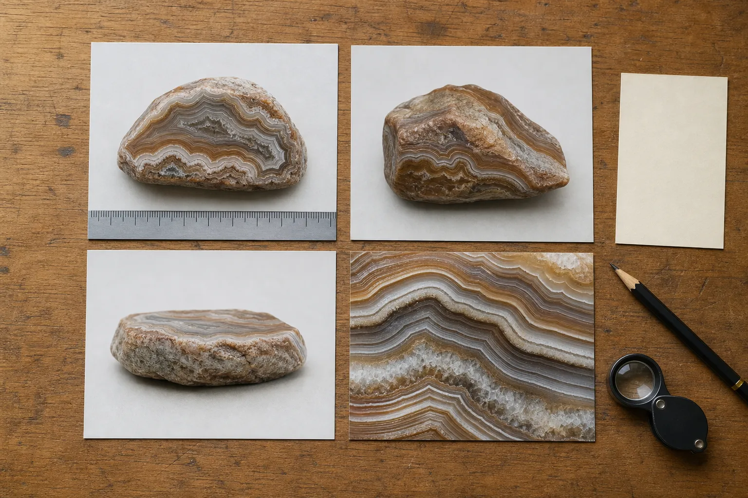 Four catalog photographs of the same banded agate showing an overview with scale, reverse, profile, and close detail