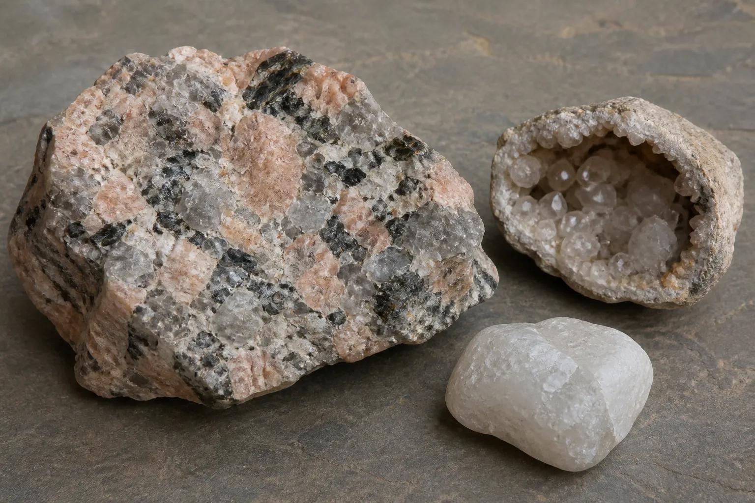A granite hand sample beside a quartz-lined cavity and a massive pale quartz pebble