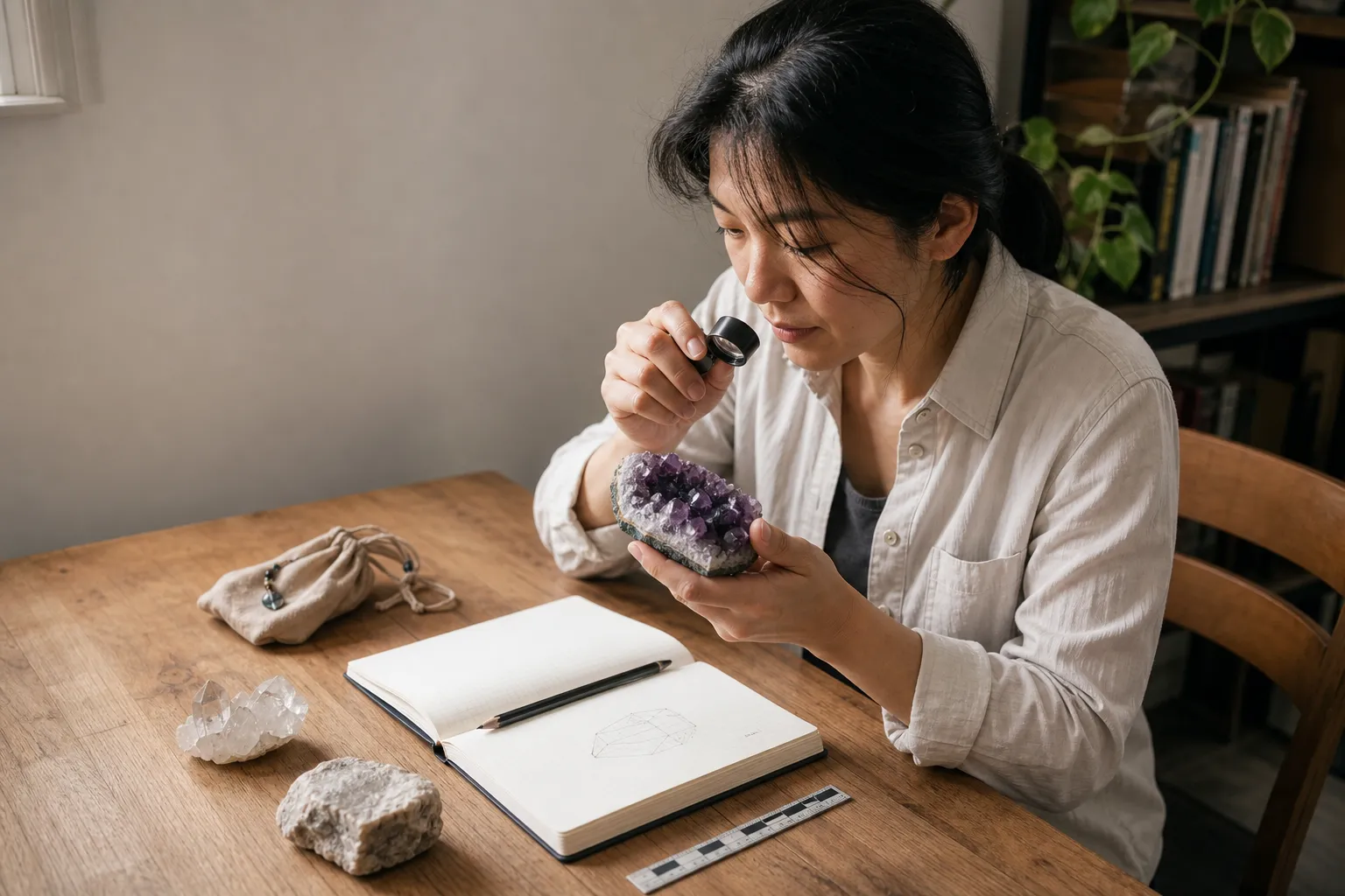 A collector examining an amethyst cluster with a hand lens beside quartz specimens and a field notebook