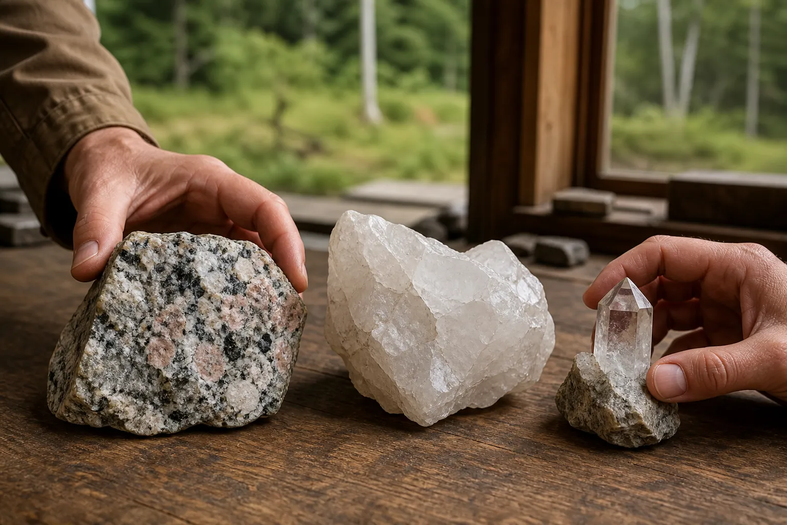 A granite rock, massive milky quartz, and a clear quartz crystal being compared on a wooden field table