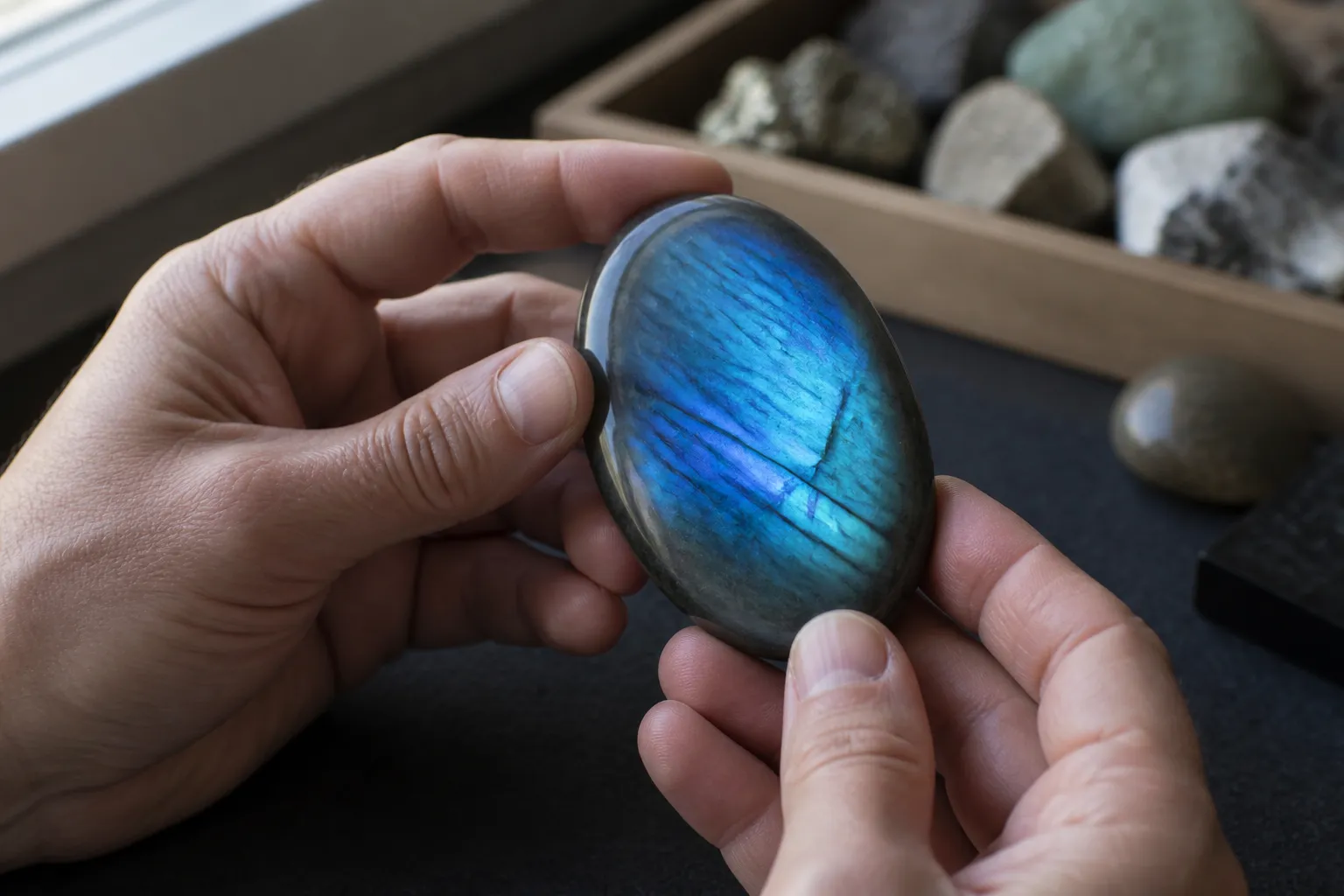 A collector tilting a polished gray labradorite cabochon to reveal a broad blue flash