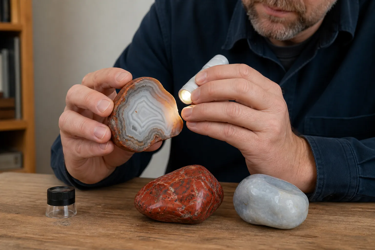 A collector comparing banded agate, opaque red jasper, and pale unbanded chalcedony with a small flashlight
