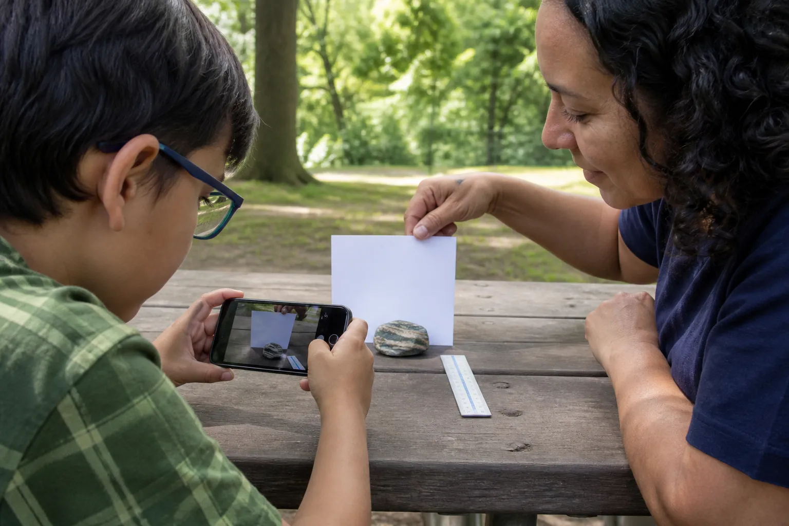 A child and adult photographing a banded stone with a ruler and white background