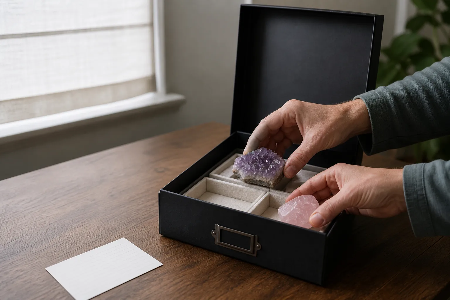 A collector placing pale purple and pink mineral specimens into a padded opaque storage drawer away from a bright window