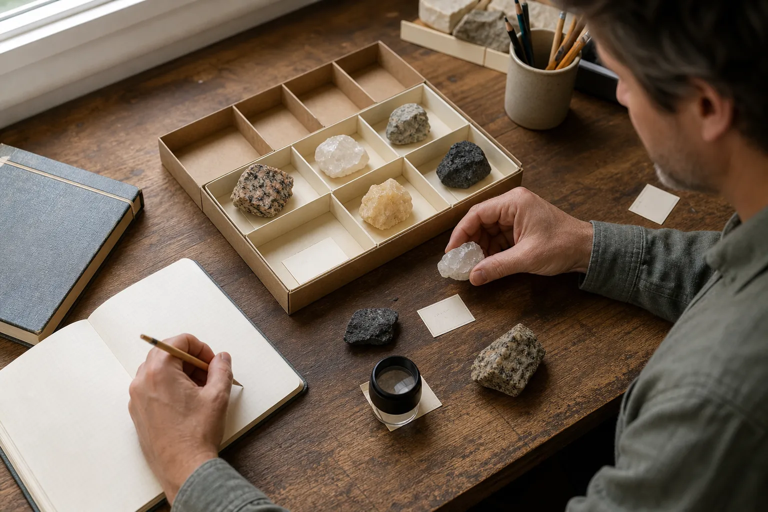 A collector matching rocks and minerals to paper labels while recording them in a notebook at a home worktable