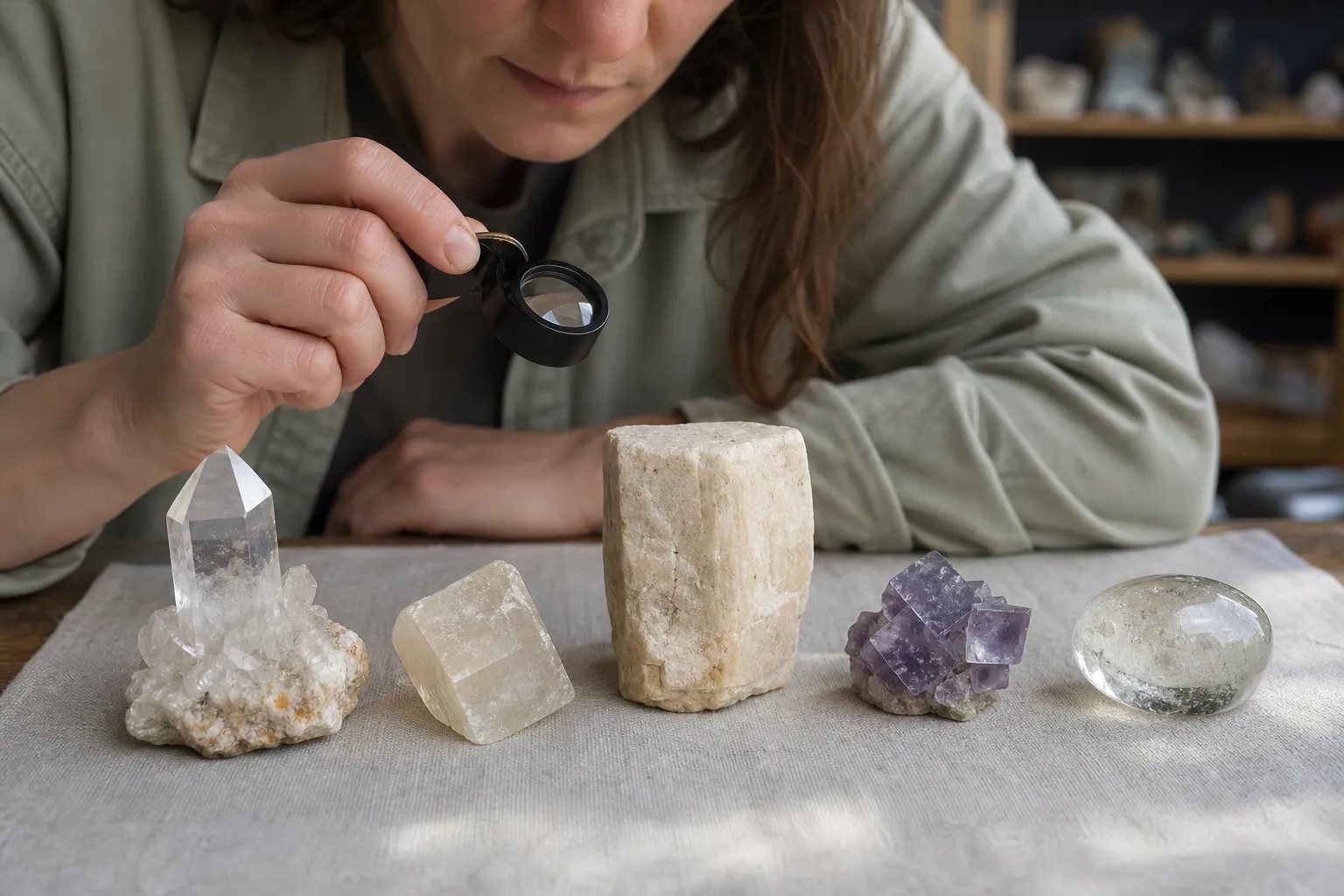 A collector using a hand lens to compare quartz, calcite, feldspar, fluorite, and rounded glass