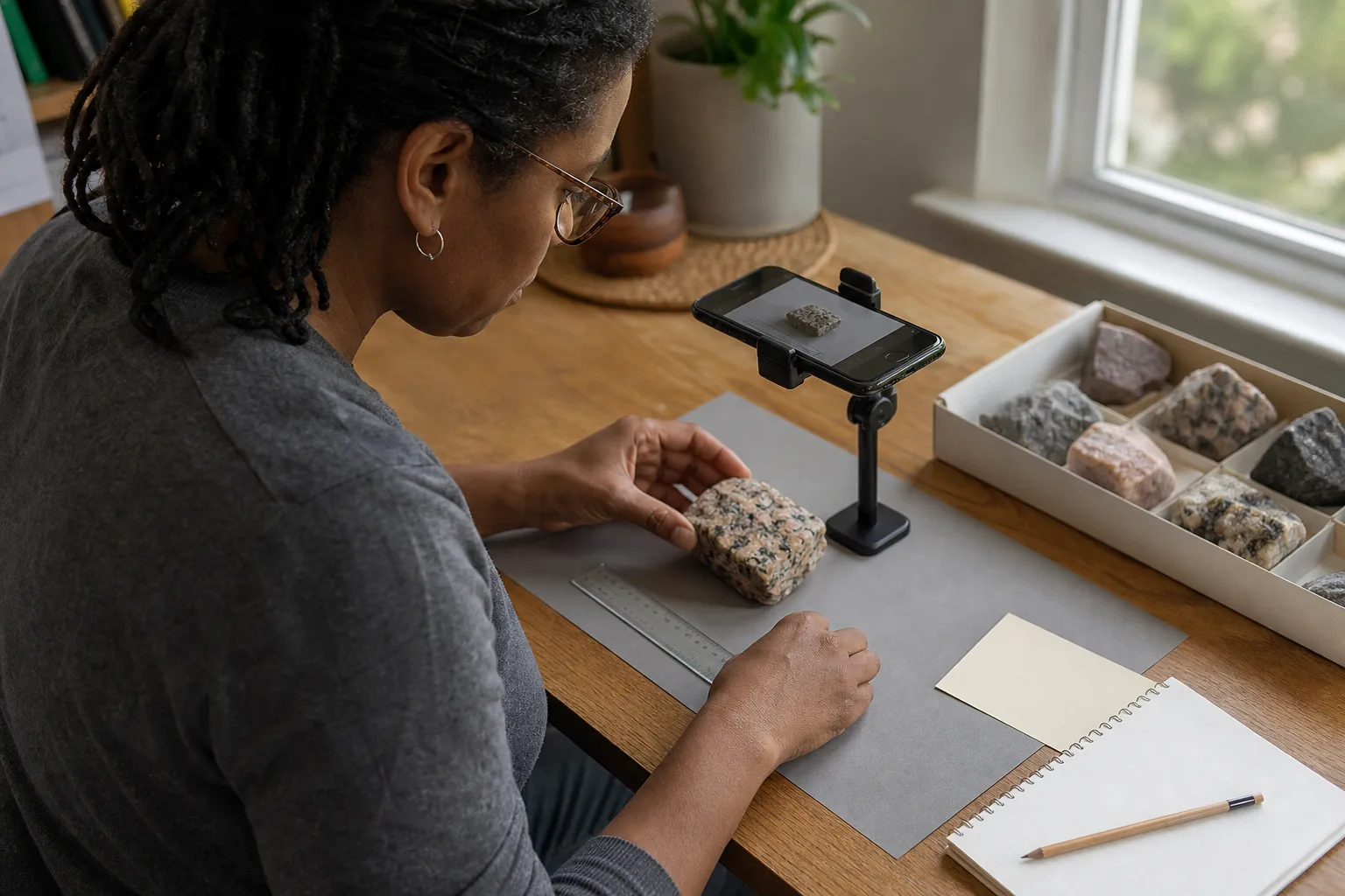 A collector using a phone stand to photograph a granite specimen beside a ruler and catalog card on a gray background