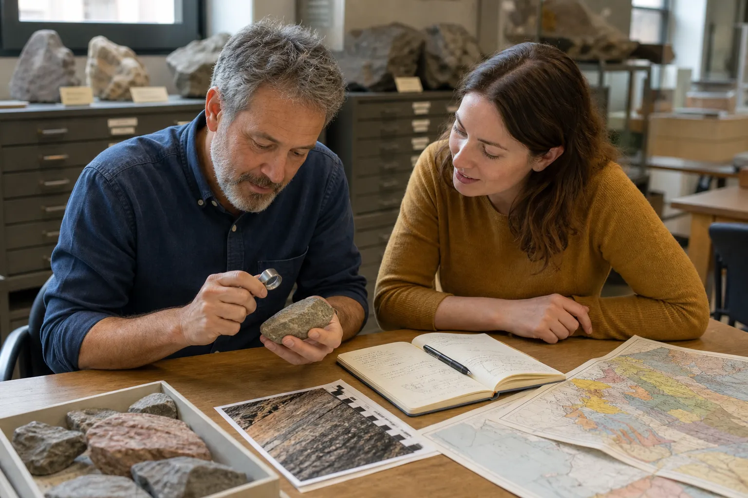 A geologist and collector examining a stone with a hand lens, field notes, photographs, and a geologic map