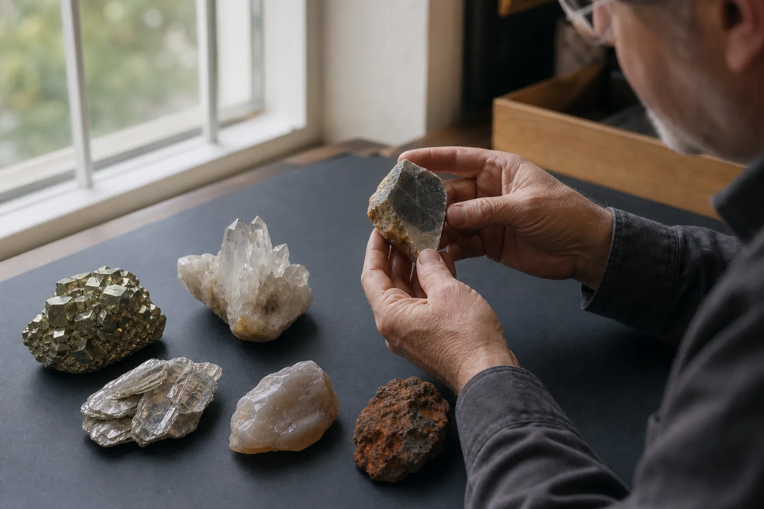 A collector tilting a mineral beside metallic, glassy, pearly, waxy, and earthy specimens