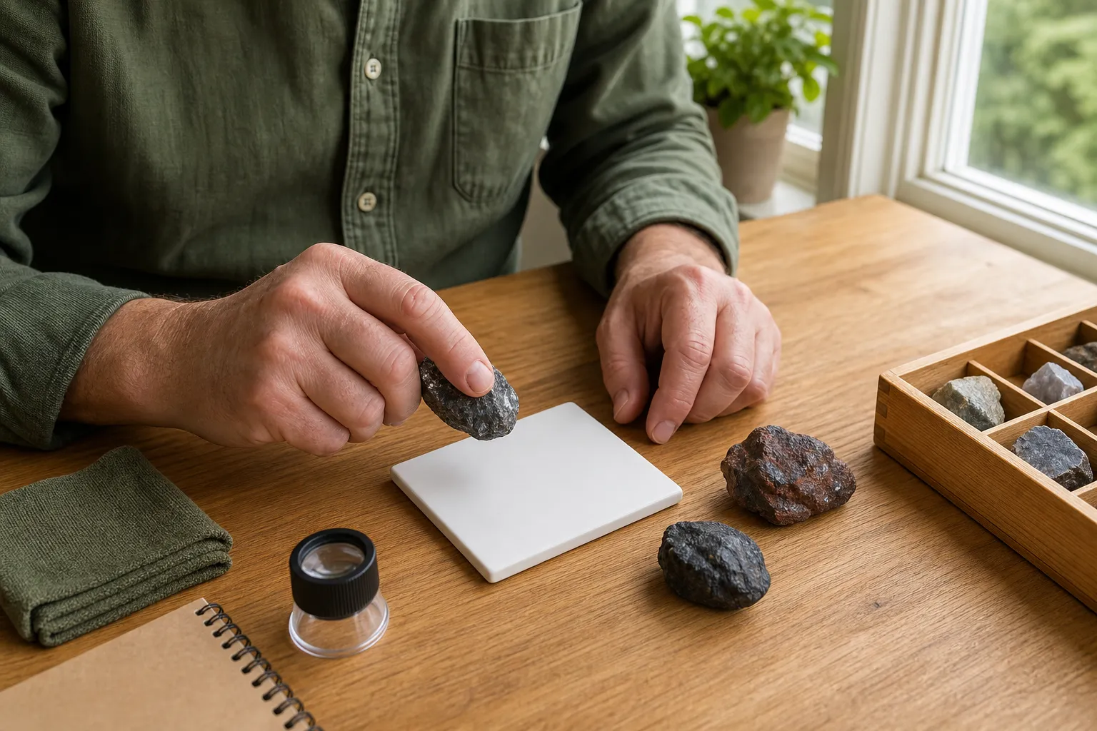 A collector holding a solid dark mineral above a clean white streak plate
