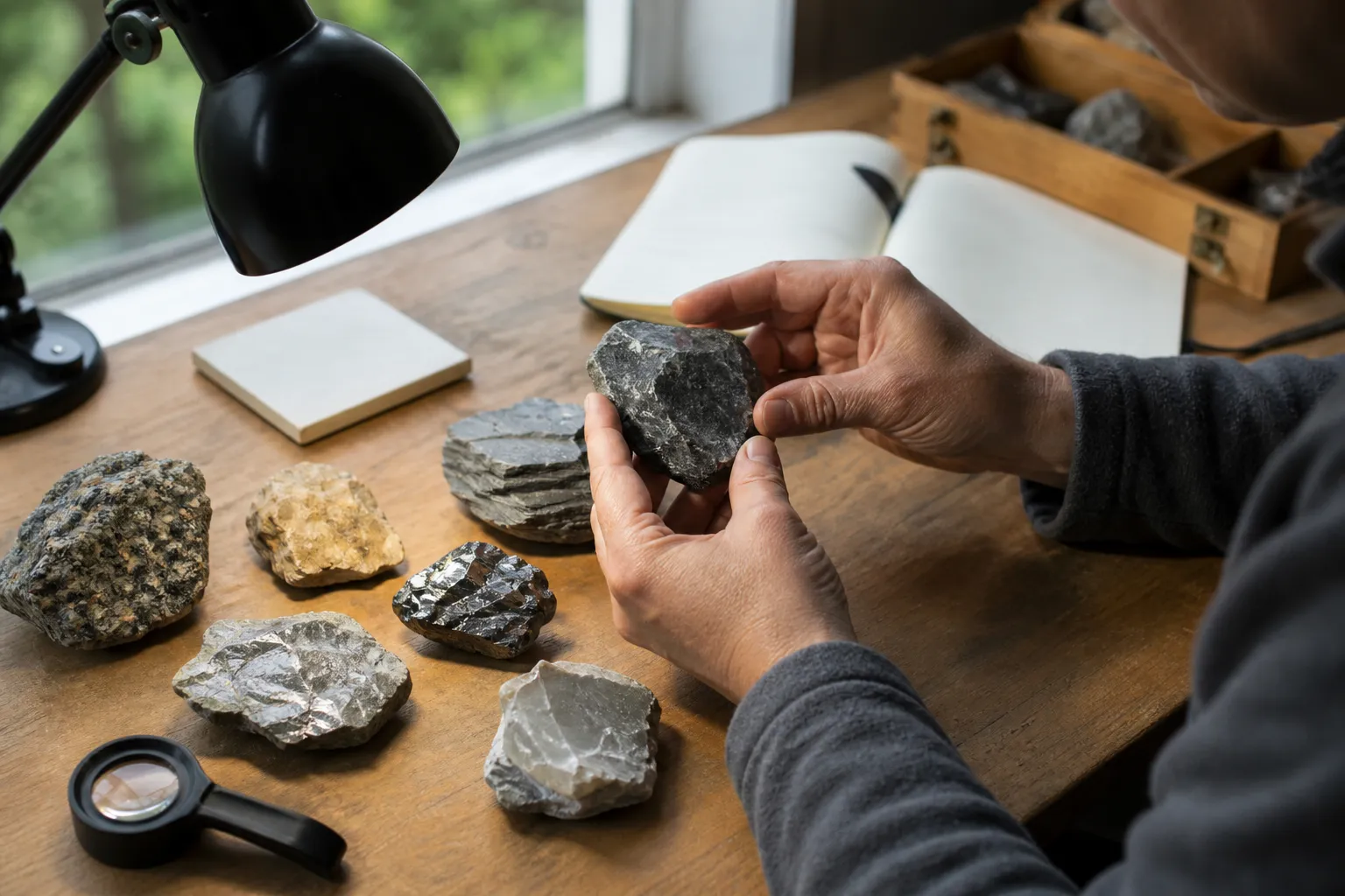 A hobbyist comparing the surfaces and textures of several hand specimens