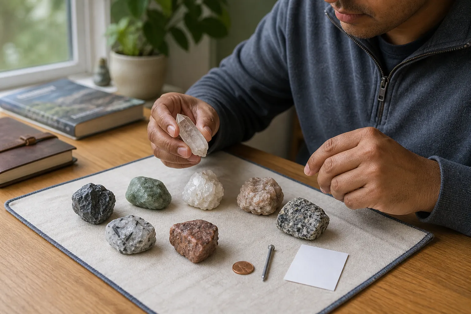 A collector comparing mineral specimens with a coin and steel nail nearby