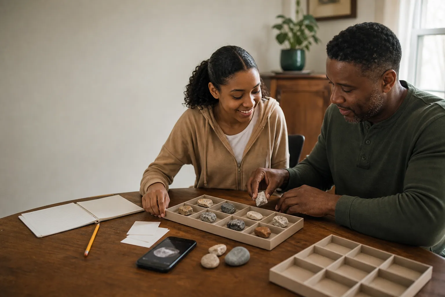 A father and teenage daughter organizing a small starter rock collection with specimen cards, a notebook, and empty tray spaces