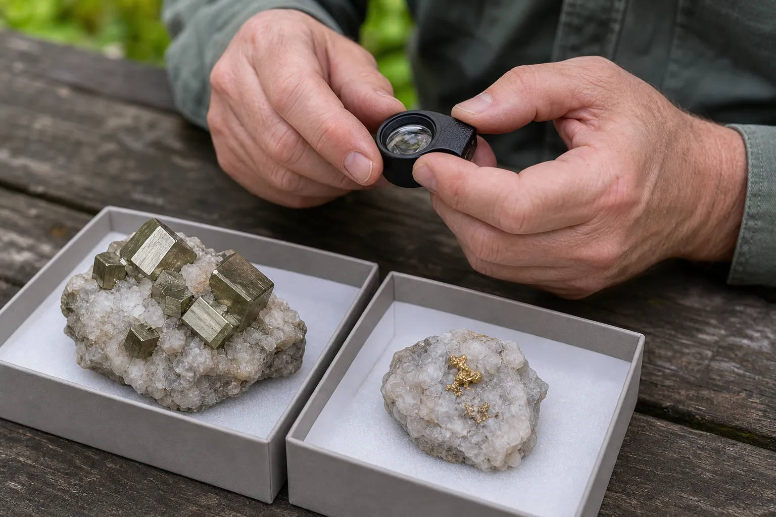 A collector using a hand lens to compare a brassy cubic mineral in quartz with a small native-gold reference specimen