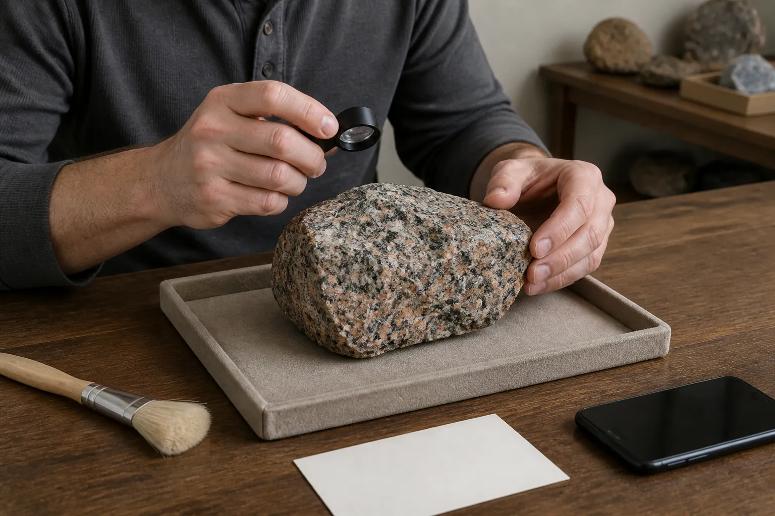 A collector inspecting a dusty granite specimen with a hand lens at a padded worktable before choosing a cleaning method