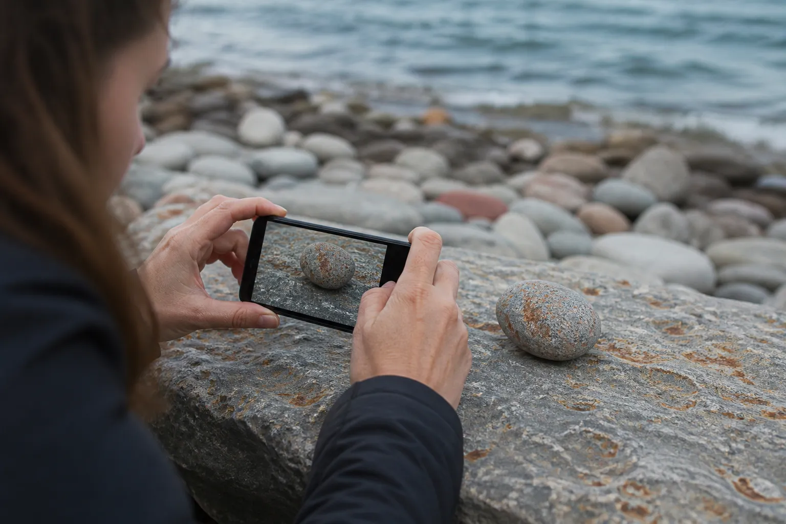 A person photographing a speckled gray beach stone beside the water