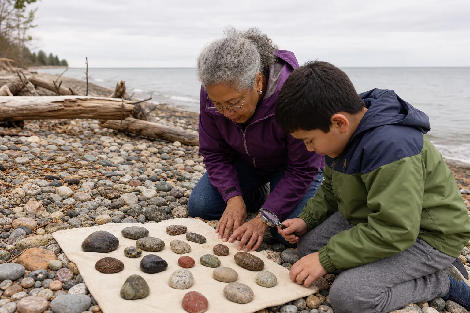 An older adult and a child observing rounded stones on a cloth at a Great Lakes cobble beach