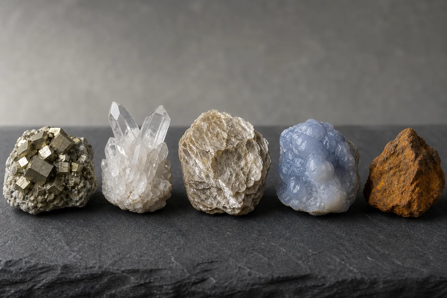 Examples of metallic, glassy, pearly, waxy, and dull or earthy mineral surfaces