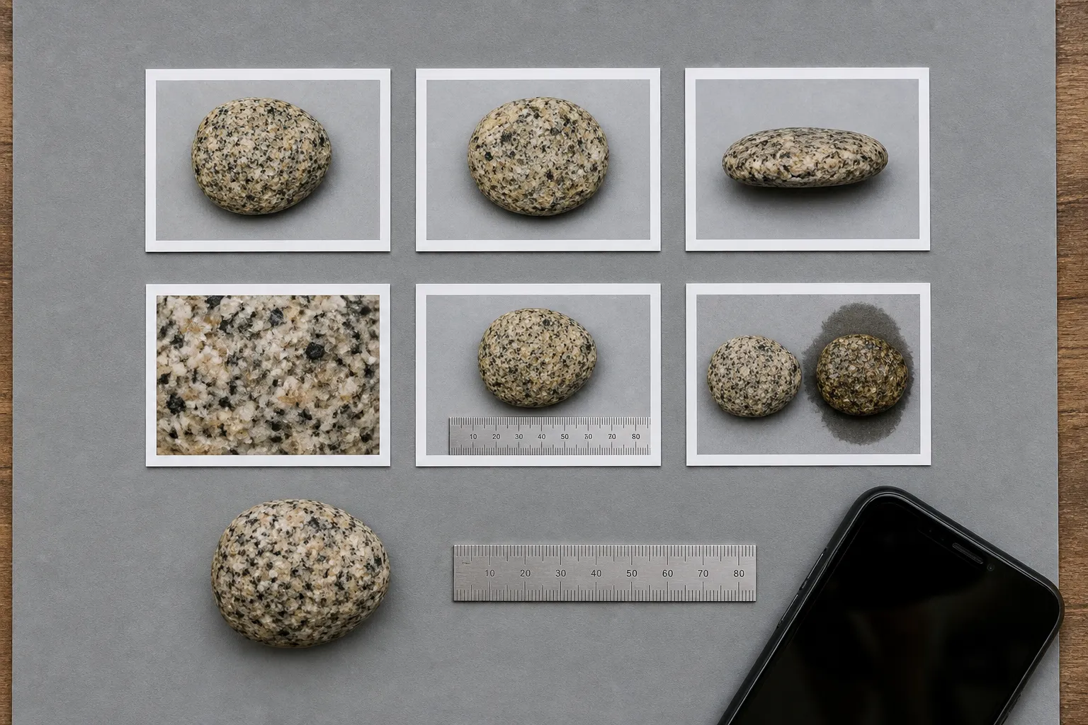 Several candidate photographs of a speckled stone, including a whole view, profile, texture, scale, and surface comparison
