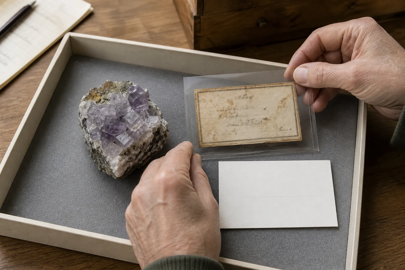 An older collector label protected in a clear archival sleeve beside a pale purple mineral specimen and a new blank catalog card