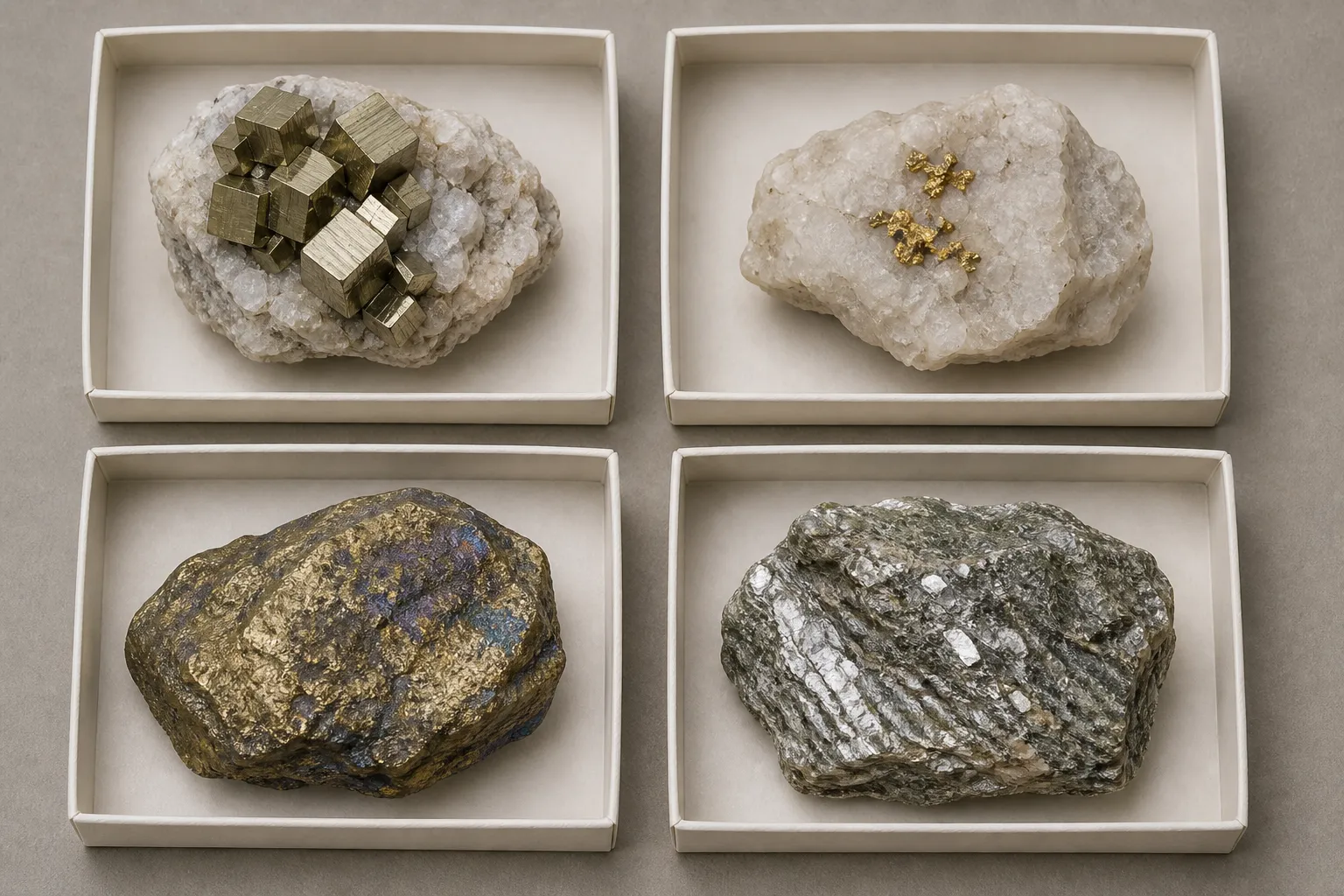 A collector comparing known pyrite and native-gold reference specimens under diffuse daylight