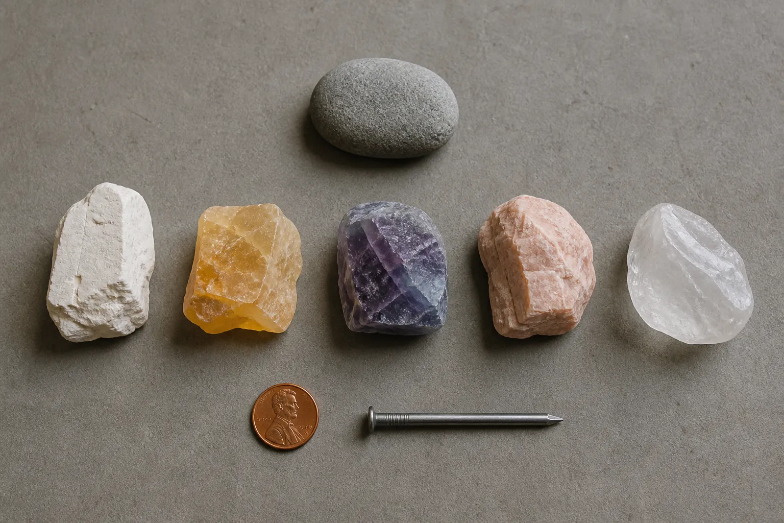 A gray pebble above a row of pale gypsum, calcite, fluorite, feldspar, and quartz references