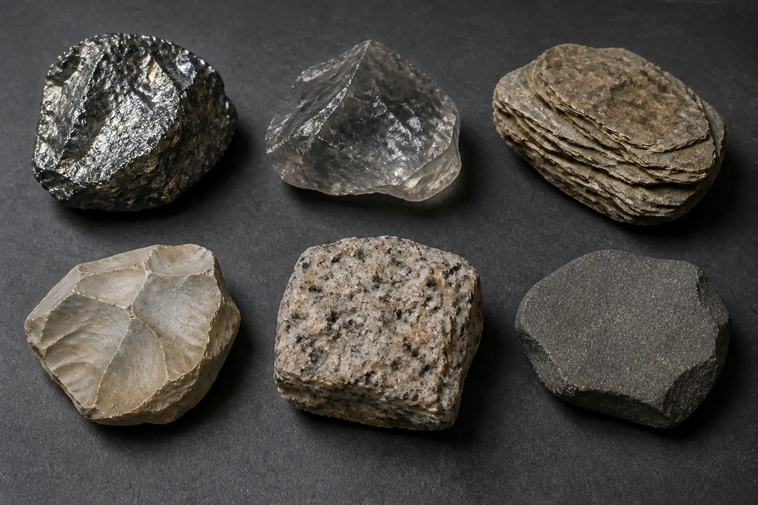 Six specimens demonstrating metallic and glassy luster, layered surfaces, curved fracture, coarse grains, and fine texture