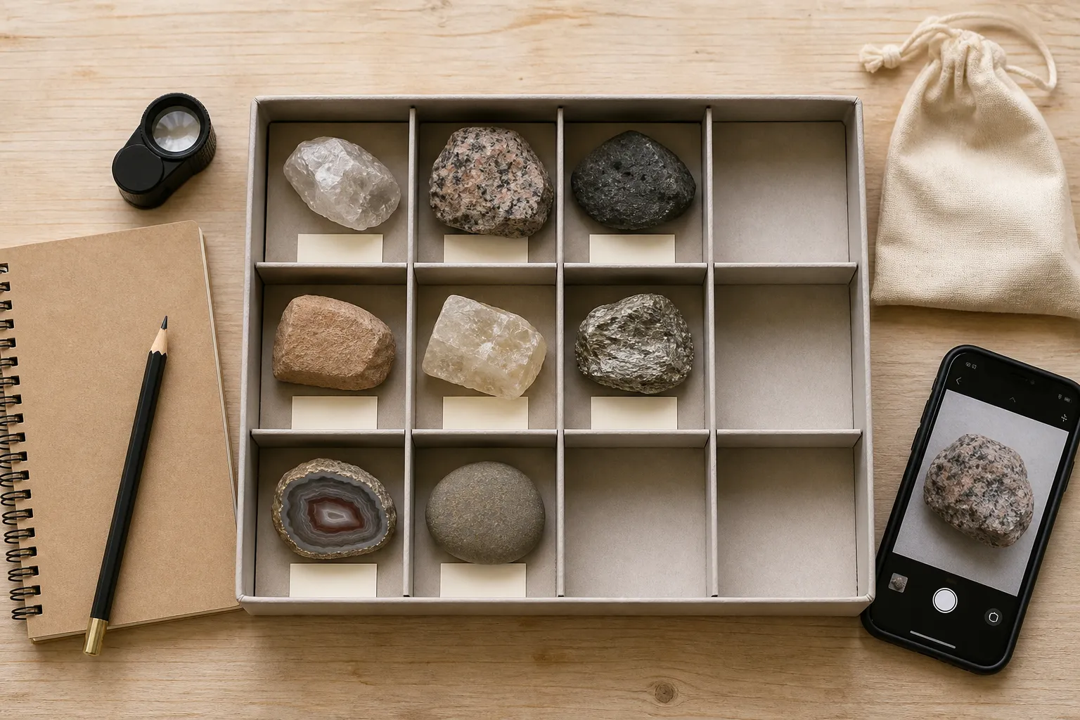 A compact twelve-space specimen tray with eight labeled rocks, four empty spaces, a notebook, hand lens, pouch, and phone