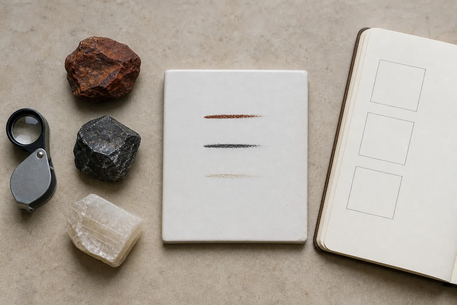 Three solid teaching minerals beside separate red-brown, dark, and pale streaks on white porcelain