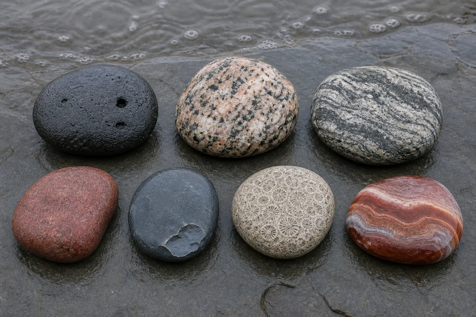 Rounded basalt, granite, gneiss, quartzite, chert, fossiliferous limestone, and banded agate shown as a texture comparison