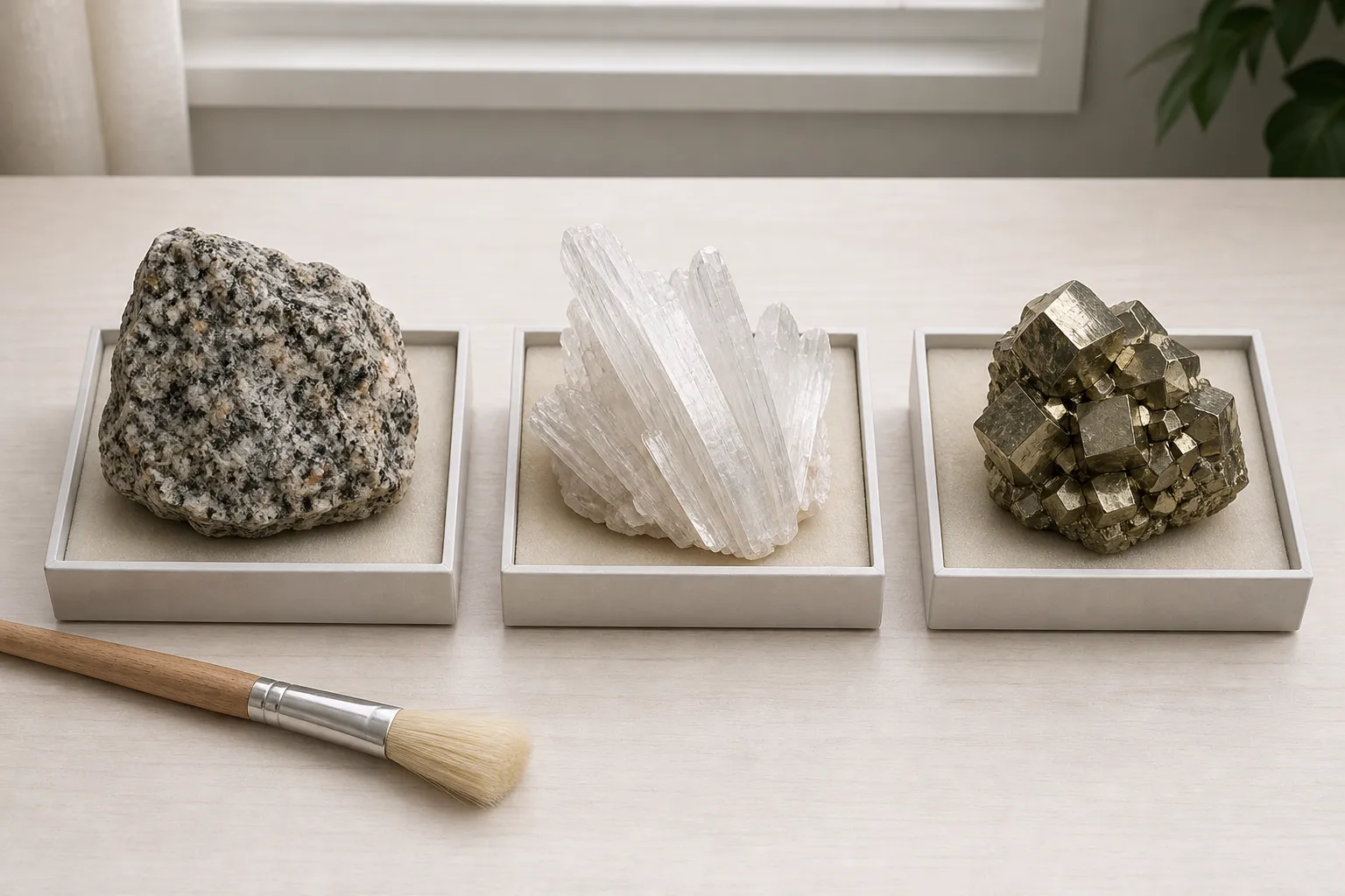 A sturdy granite, a delicate selenite cluster, and metallic pyrite resting separately in padded trays with a soft brush beside only the granite