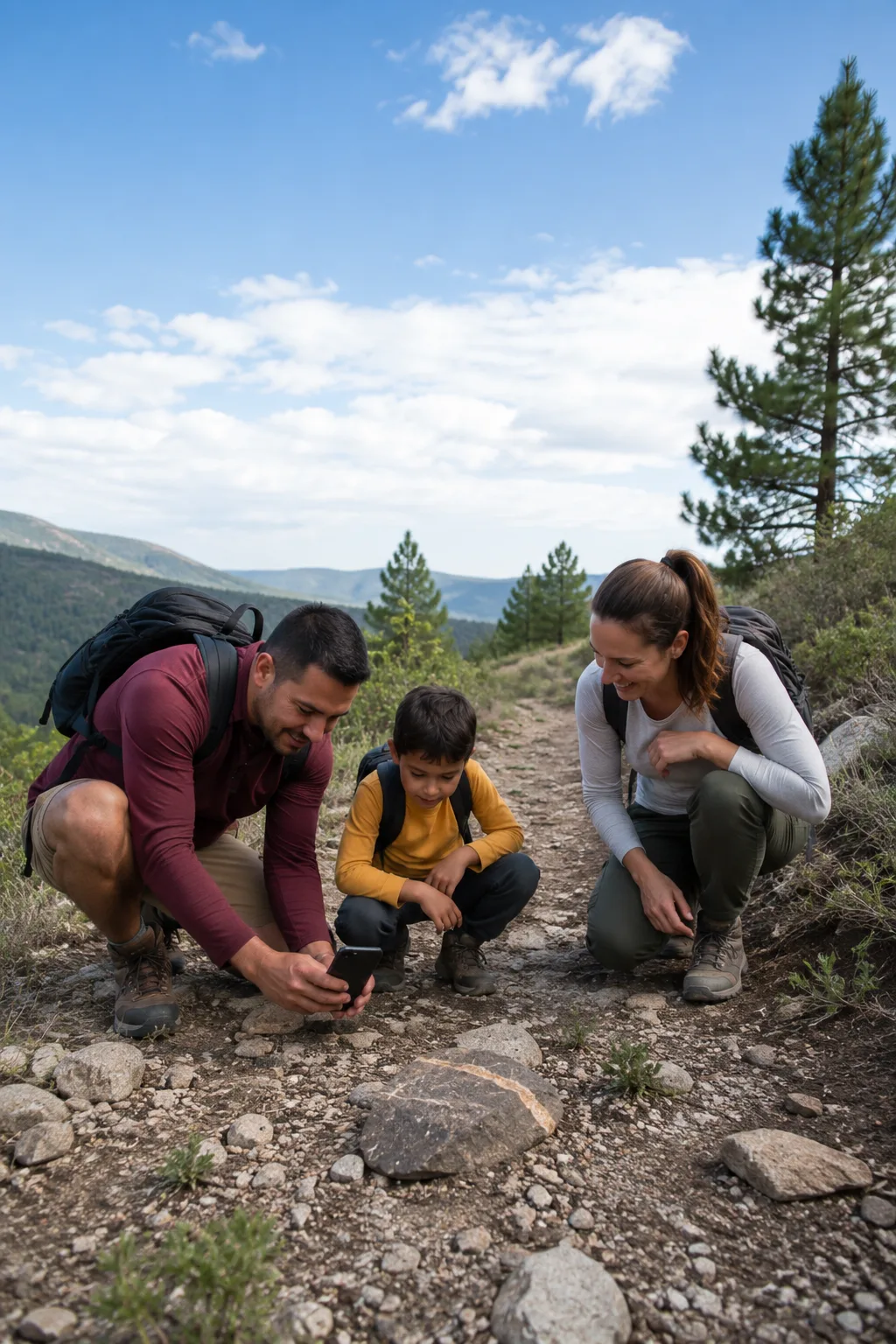 A family examining stones together on a mountain trail