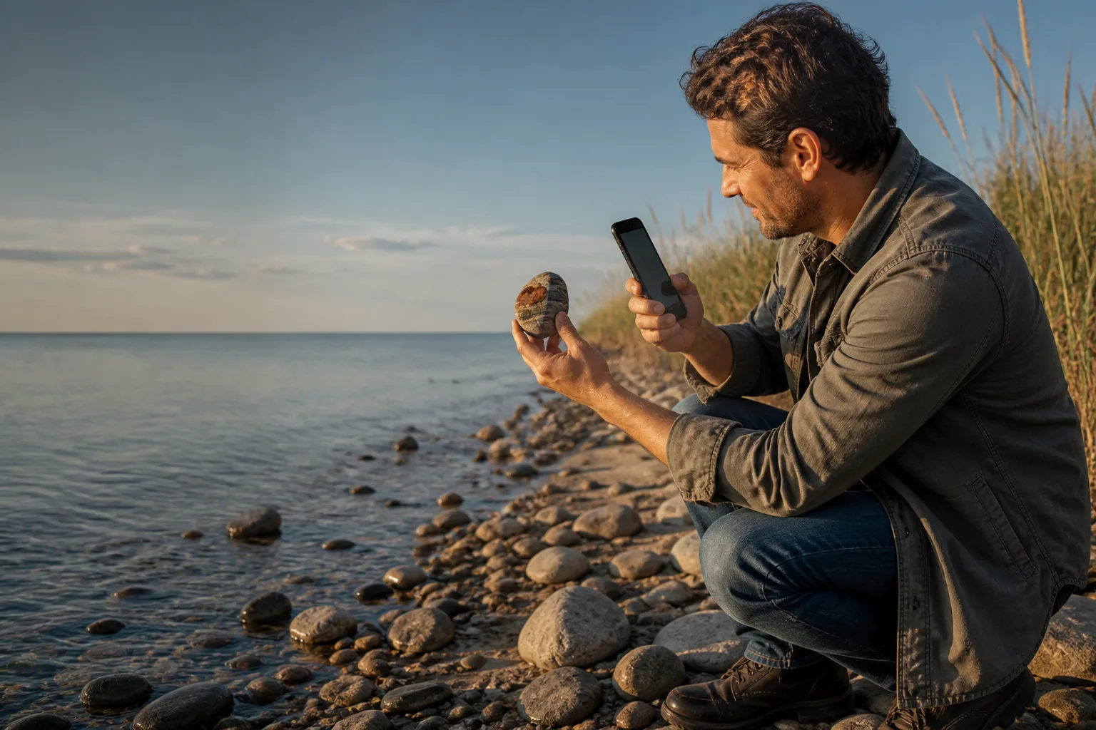 A rockhound photographing a banded stone beside a calm freshwater shoreline